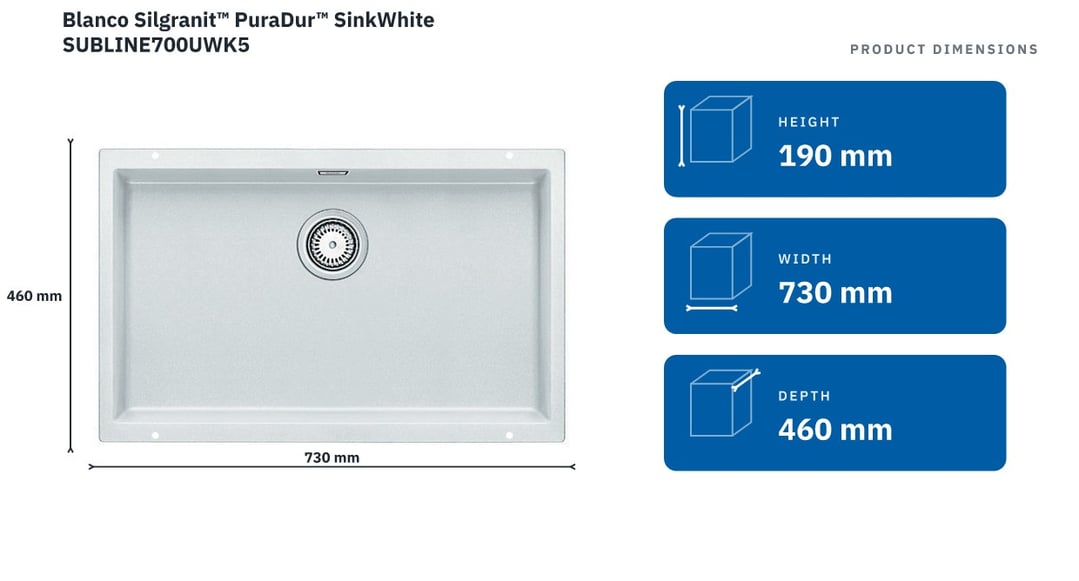 Blanco Silgranit™ PuraDur™ SinkWhite SUBLINE700UWK5 — product dimensions