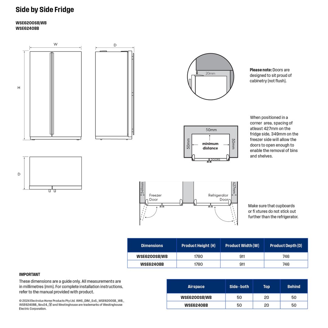 Westinghouse 624L Side by Side Fridge, Silver WSE6200SB