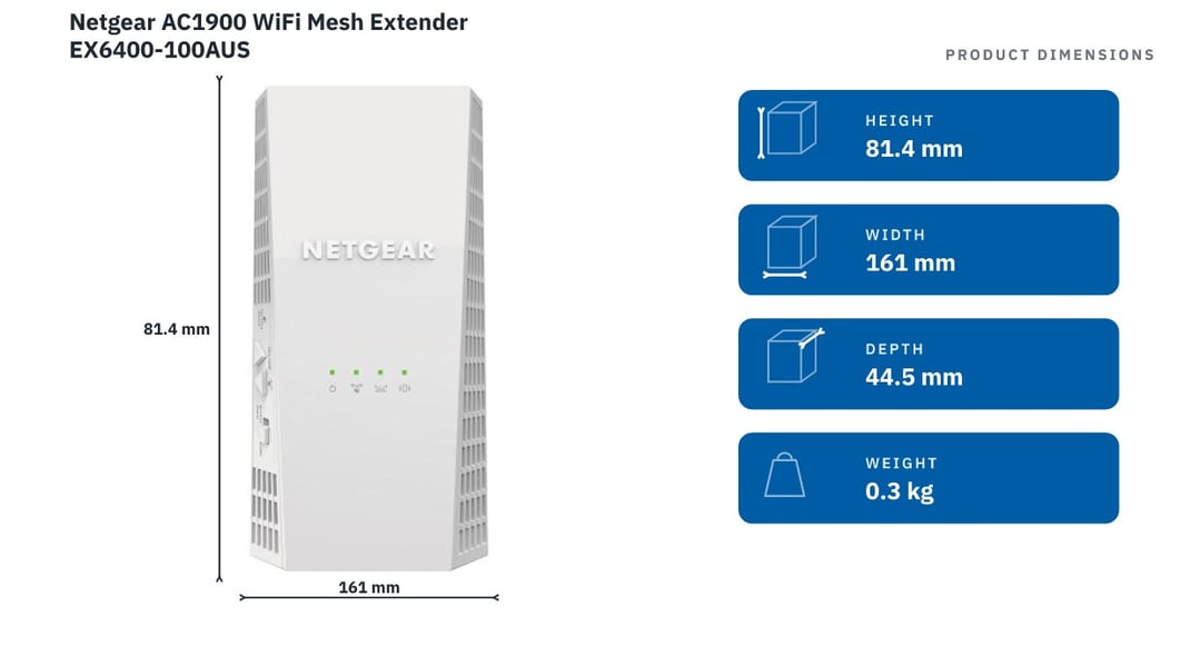 Netgear AC1900 WiFi Mesh Extender EX6400-100AUS — product dimensions