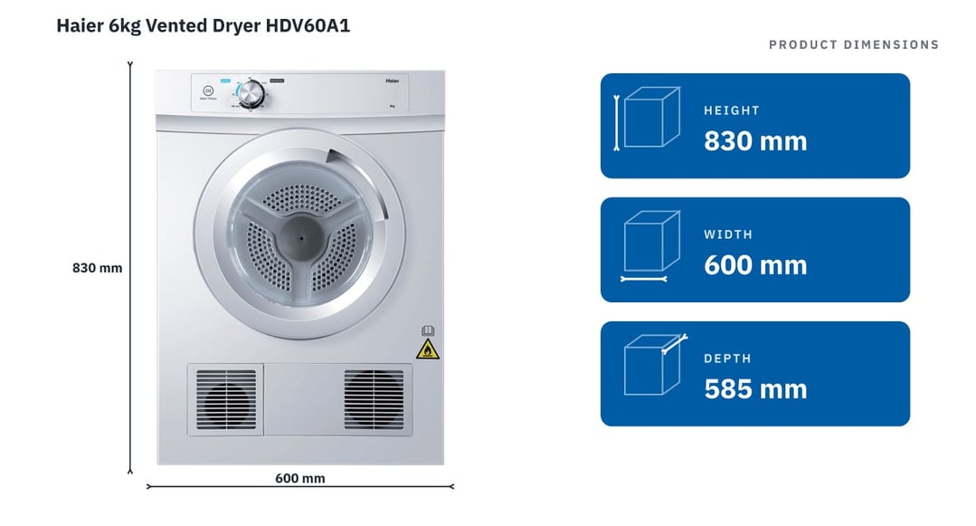 Haier 6kg Vented Dryer HDV60A1 — product dimensions