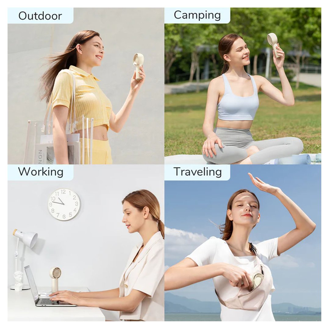 Four panels showing a handheld fan being used outdoors, camping, working, and traveling