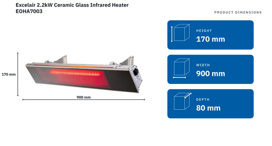 Excelair 2.2kW Ceramic Glass Infrared Heater EOHA7003 — product dimensions