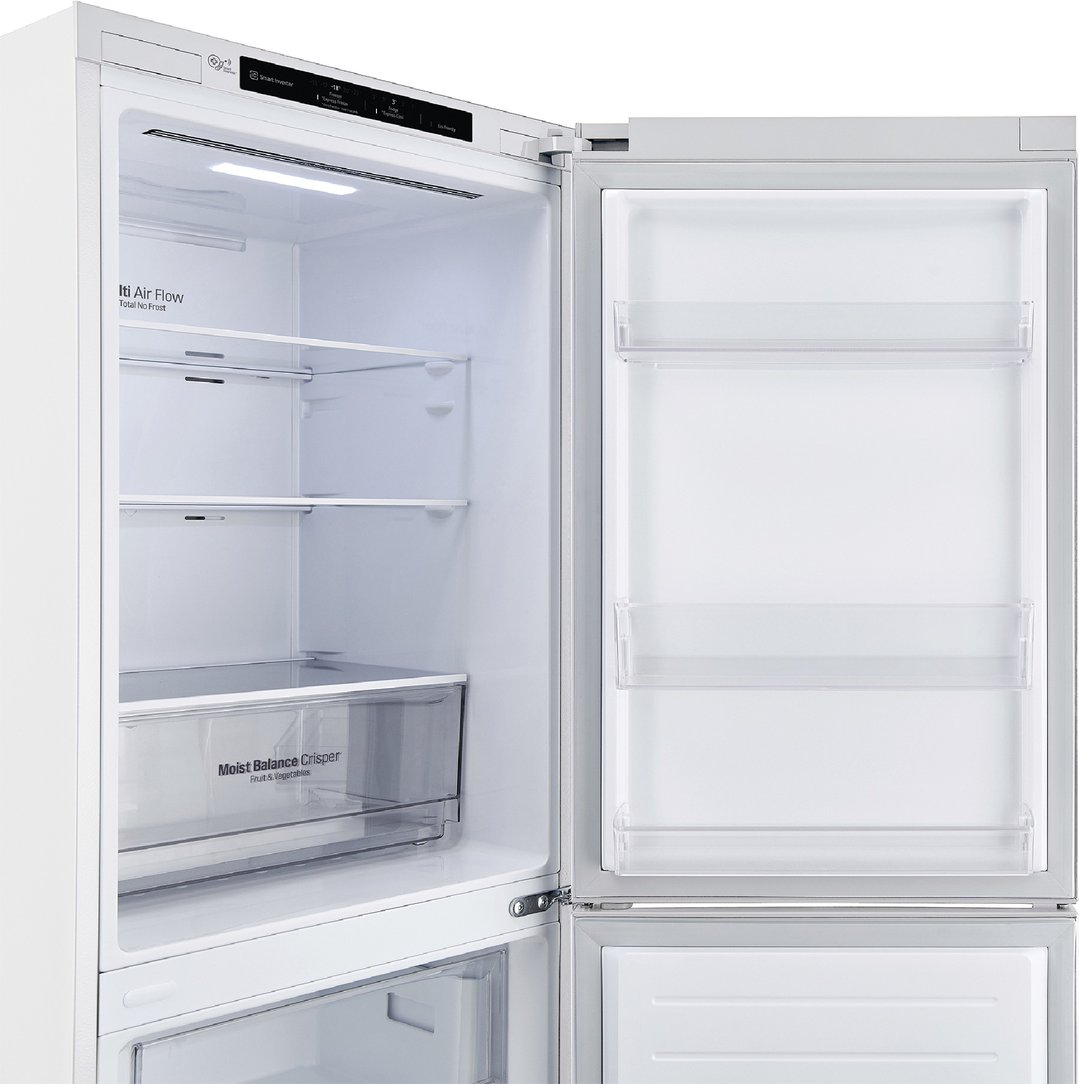 Open fridge interior showing shelves, crisper drawer, and control panel