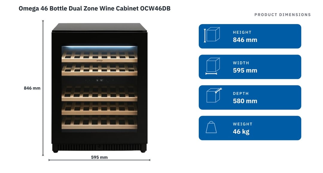 Omega 46 Bottle Dual Zone Wine Cabinet OCW46DB — product dimensions