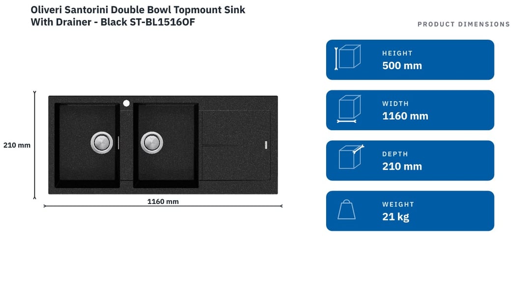 Oliveri Santorini Double Bowl Topmount Sink With Drainer - Black ST-BL1516OF — product dimensions