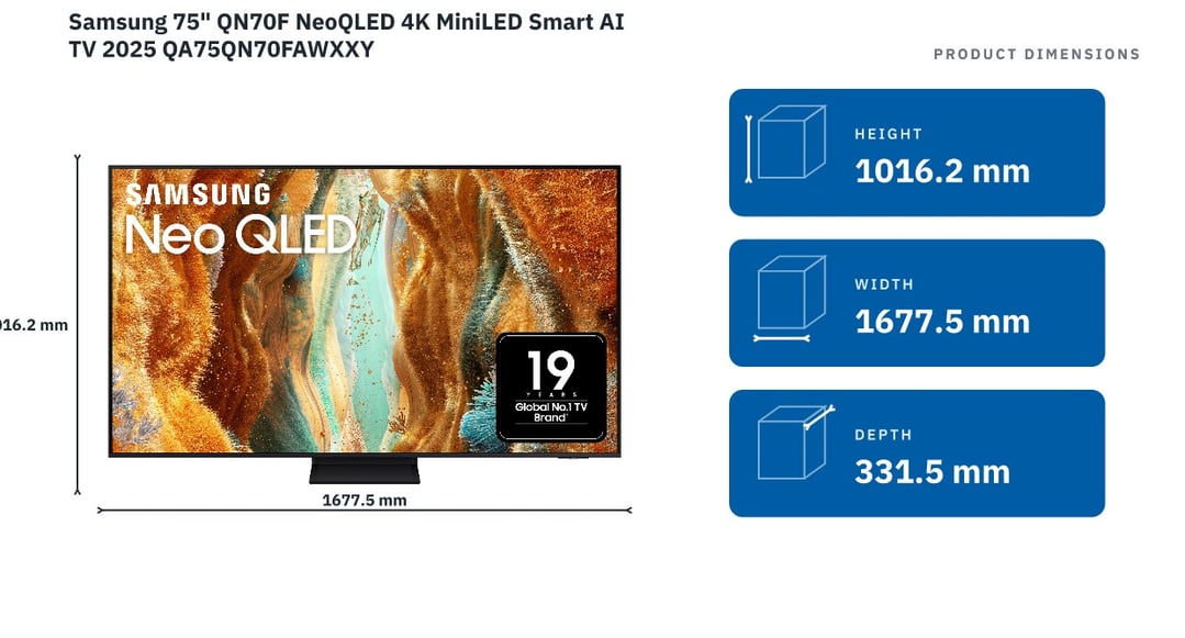 Samsung 75" QN70F NeoQLED 4K MiniLED Smart AI TV 2025 QA75QN70FAWXXY — product dimensions