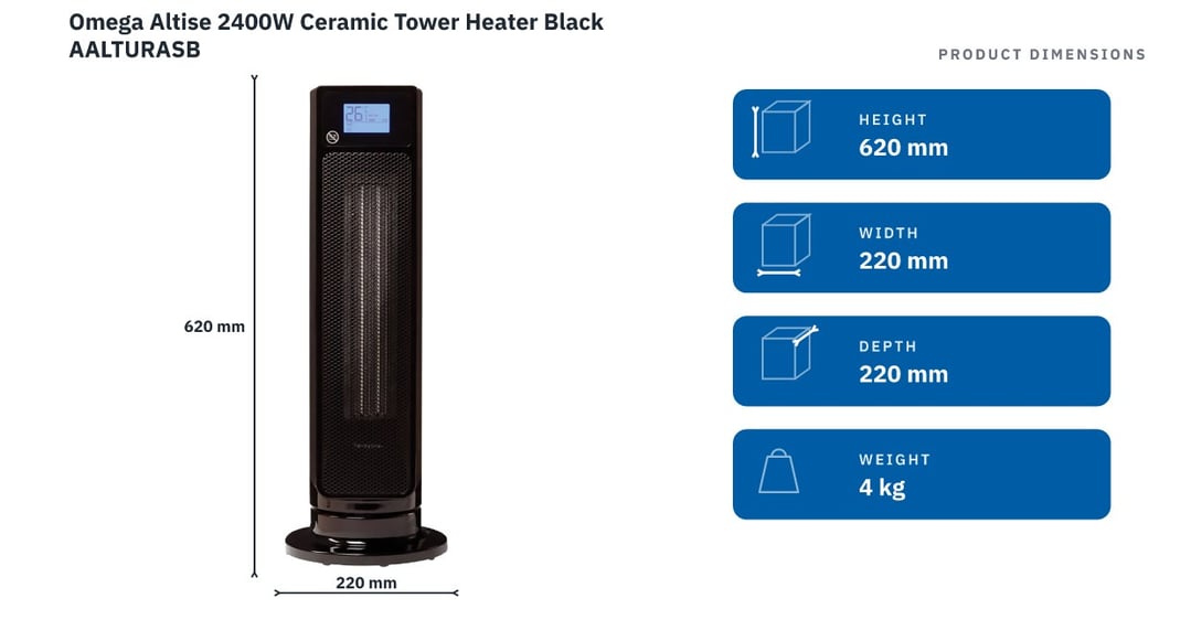 Omega Altise 2400W Ceramic Tower Heater Black AALTURASB — product dimensions