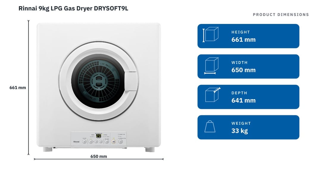 Rinnai 9kg LPG Gas Dryer DRYSOFT9L — product dimensions