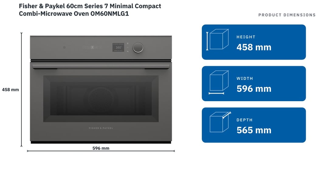 Fisher & Paykel 60cm Series 7 Minimal Compact Combi-Microwave Oven OM60NMLG1 — product dimensions