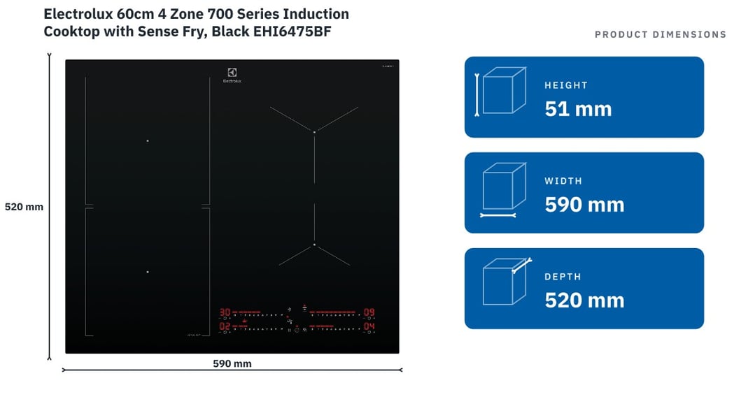 Electrolux 60cm 4 Zone 700 Series Induction Cooktop with Sense Fry, Black EHI6475BF — product dimensions