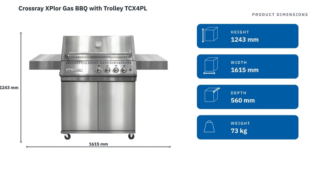 Crossray XPlor Gas BBQ with Trolley TCX4PL — product dimensions