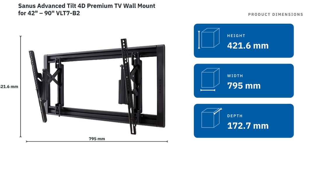 Sanus Advanced Tilt 4D Premium TV Wall Mount for 42" – 90" VLT7-B2 — product dimensions