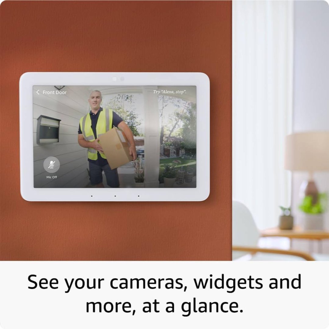 Echo Hub smart home control panel displaying a delivery person at the front door