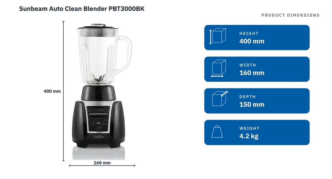 Sunbeam Auto Clean Blender PBT3000BK — product dimensions
