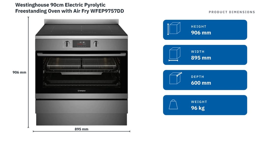 Westinghouse 90cm Electric Pyrolytic Freestanding Oven with Air Fry WFEP9757DD — product dimensions