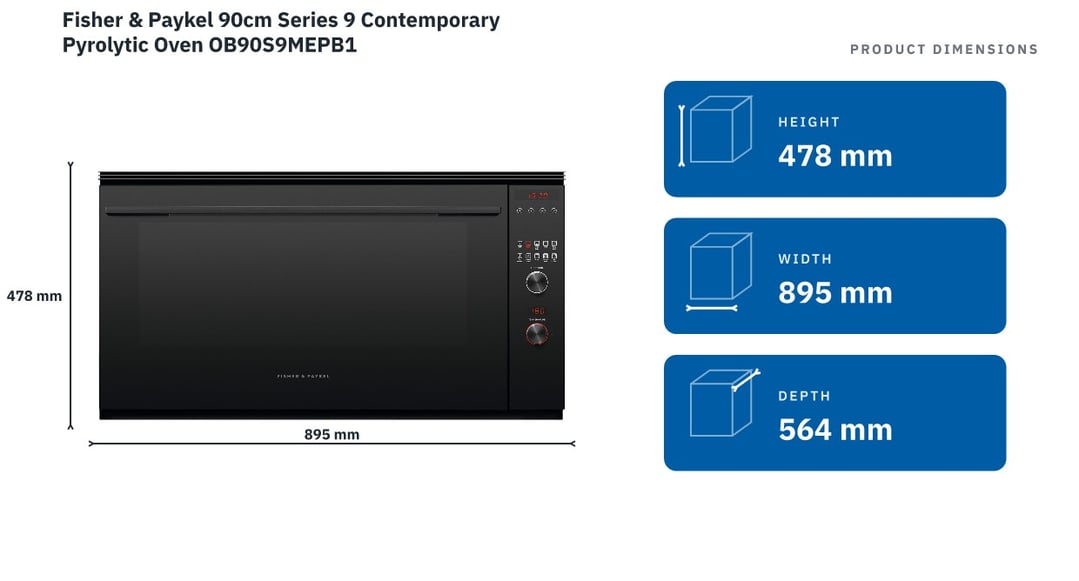 Fisher & Paykel 90cm Series 9 Contemporary Pyrolytic Oven OB90S9MEPB1 — product dimensions