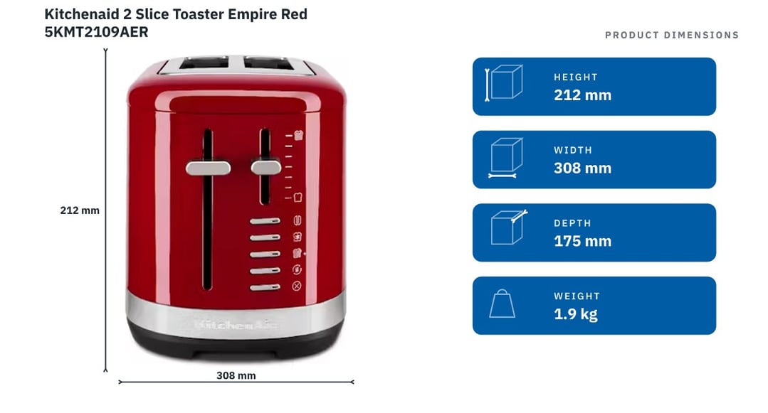 Kitchenaid 2 Slice Toaster Empire Red 5KMT2109AER — product dimensions