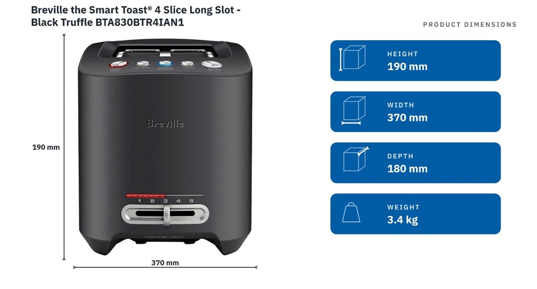 Breville the Smart Toast® 4 Slice Long Slot - Black Truffle BTA830BTR4IAN1 — product dimensions