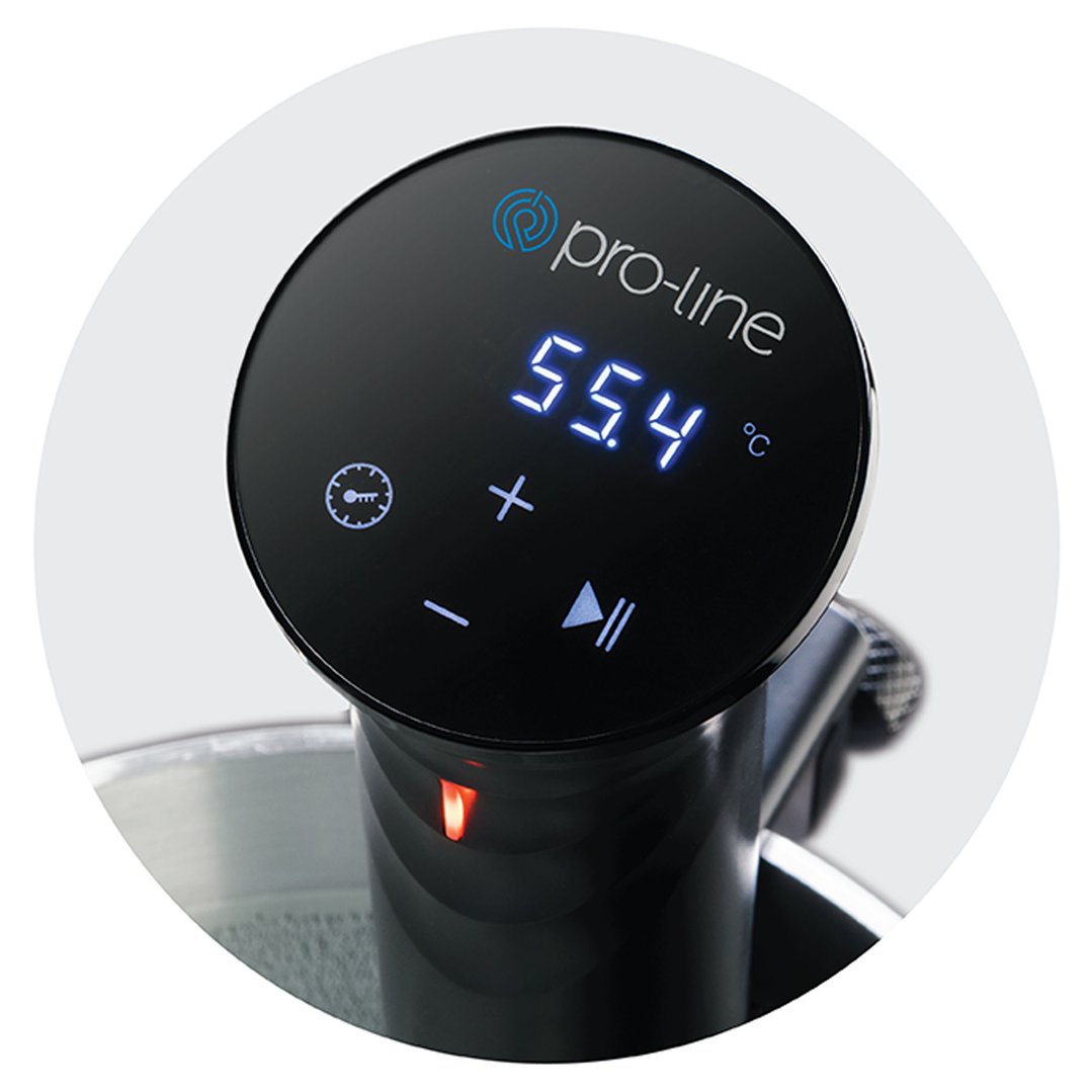 PROLINE Sous Vide Precision Cooker with digital display showing 55.4 degrees Celsius