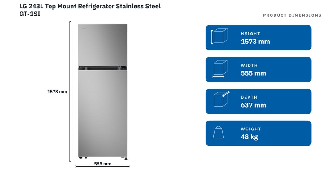 LG 243L Top Mount Refrigerator Stainless Steel GT-1SI