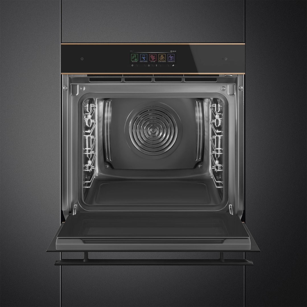 Built-in oven with door open, showing interior and control panel