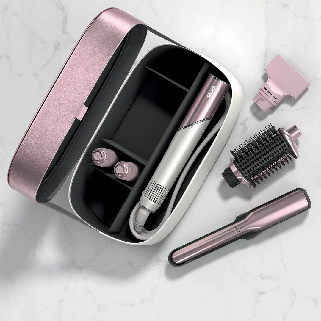Shark Glam Hot Tool Air Drying & Styling System with accessories on a marble surface