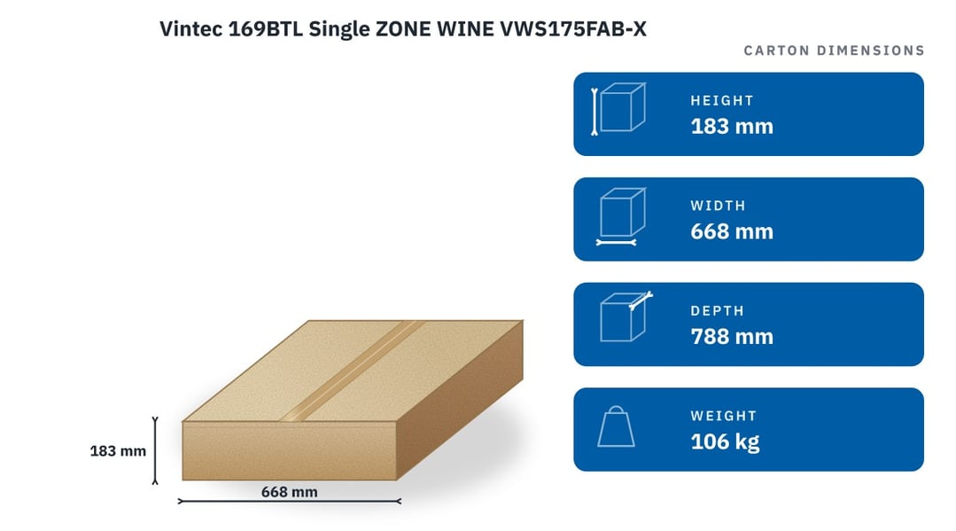 Vintec 169BTL Single ZONE WINE VWS175FAB-X — packaged dimensions