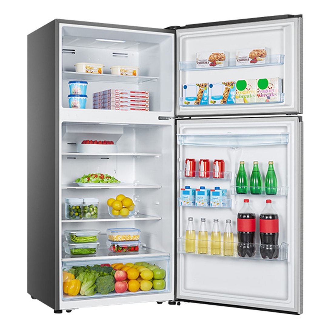 Open Hisense top mount fridge filled with food and drinks