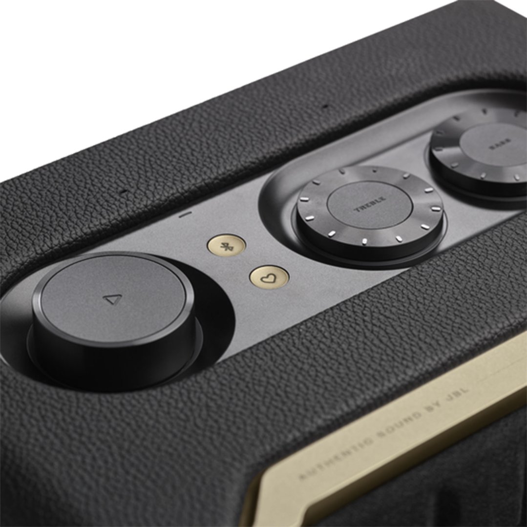 Close-up of the top controls of a JBL Authentics 200 WiFi Portable Speaker