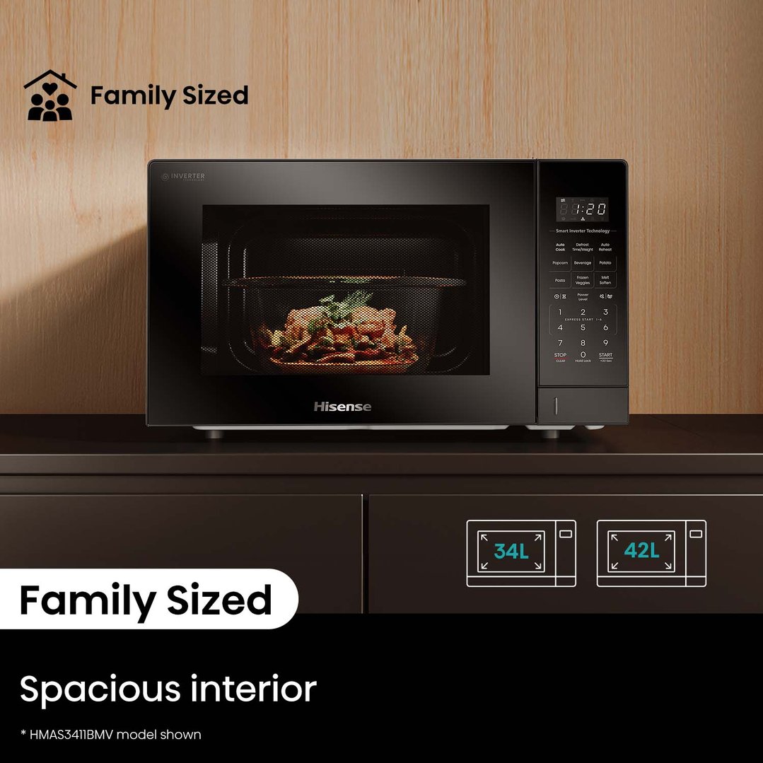 Hisense 34L 1100W Smart Inverter Microwave - Black Mirror. HMAS3411BMV