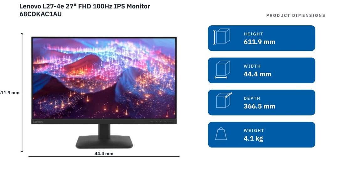 Lenovo L27-4e 27" FHD 100Hz IPS Monitor 68CDKAC1AU — product dimensions