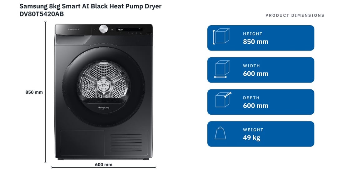Samsung 8kg Smart AI Black Heat Pump Dryer DV80T5420AB — product dimensions