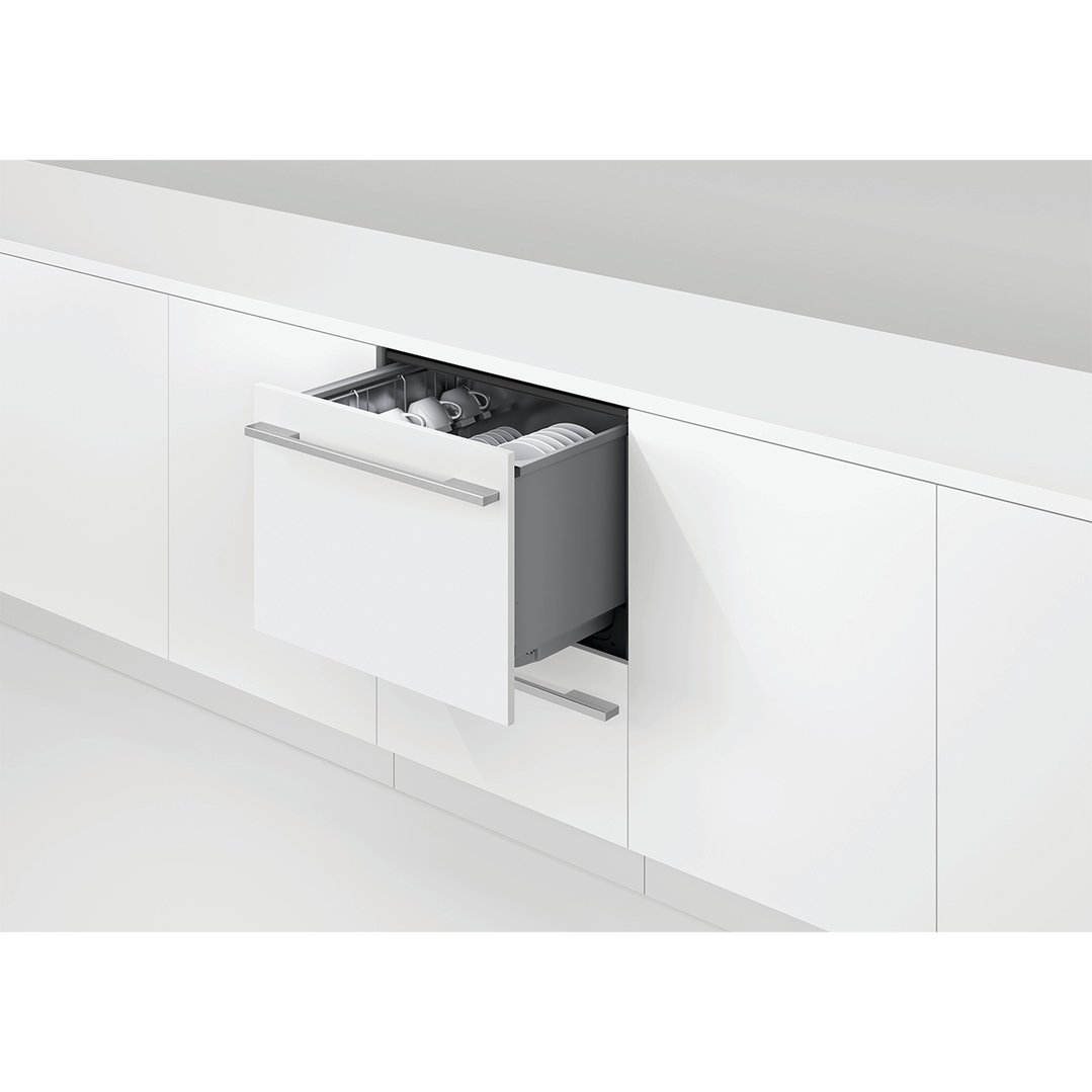 Integrated double DishDrawer dishwasher partially open in a modern white kitchen
