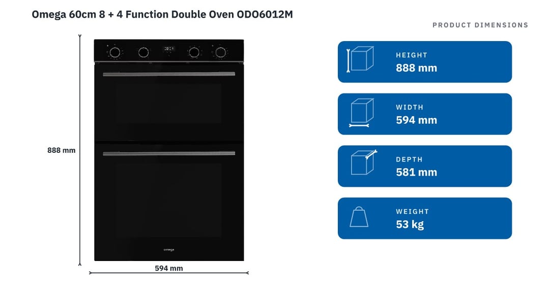 Omega 60cm 8 + 4 Function Double Oven ODO6012M — product dimensions