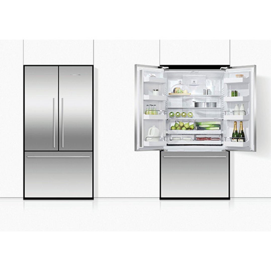 Two stainless steel French door refrigerator freezers side-by-side, one open and one closed