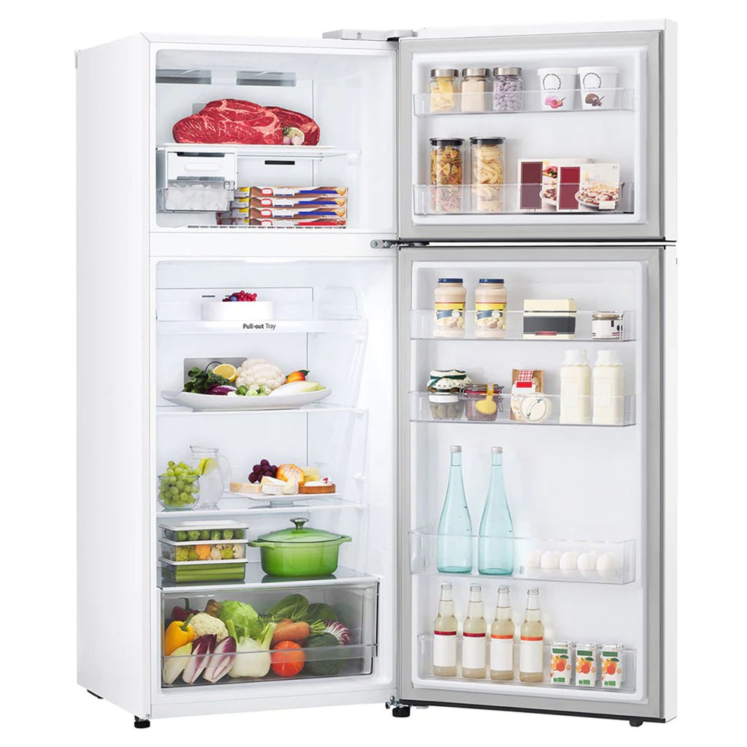 Open white LG top mount fridge filled with food and drinks