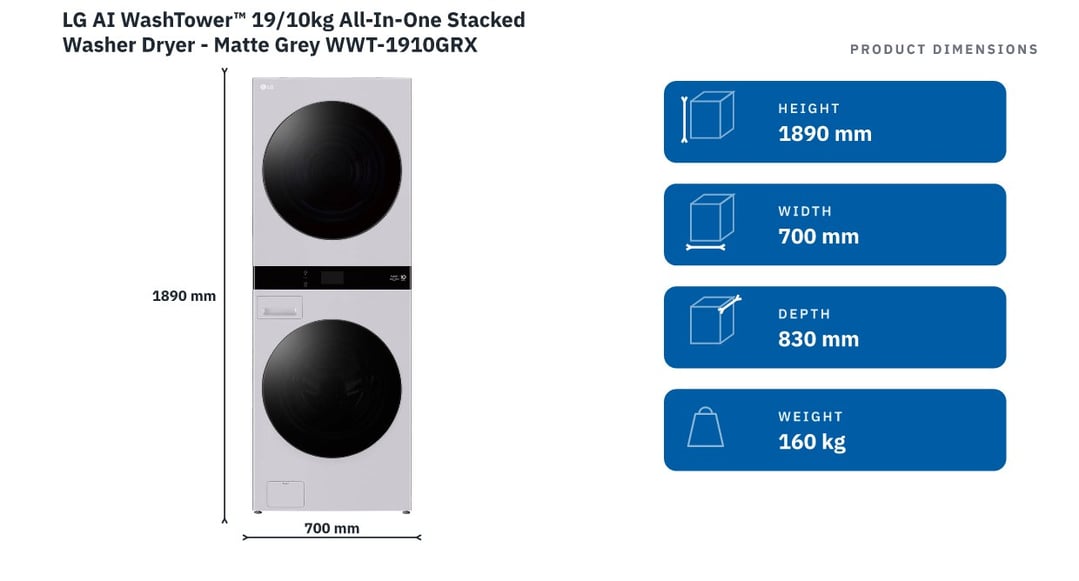 LG AI WashTower™ 19/10kg All-In-One Stacked Washer Dryer - Matte Grey WWT-1910GRX — product dimensions