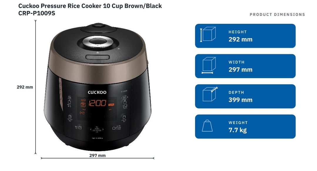 Cuckoo Pressure Rice Cooker 10 Cup Brown/Black CRP-P1009S — product dimensions