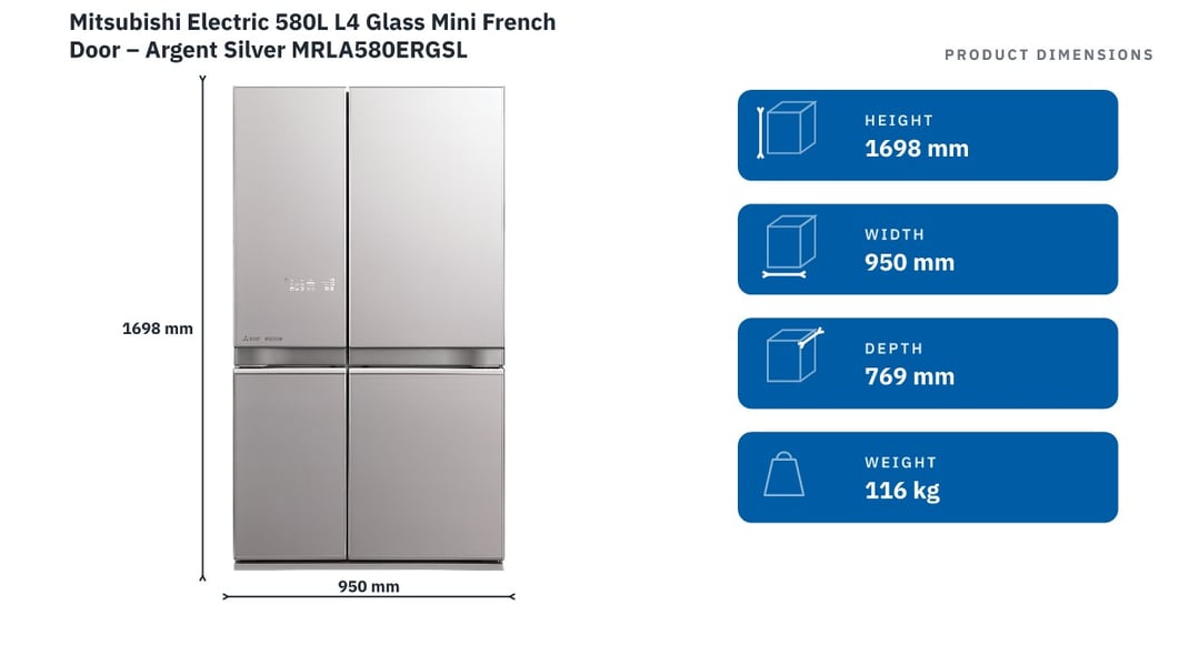 Mitsubishi Electric 580L L4 Glass Mini French Door – Argent Silver MRLA580ERGSL