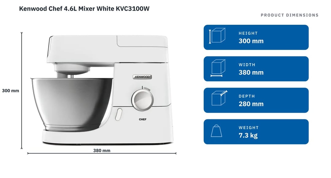 Kenwood Chef 4.6L Mixer White KVC3100W