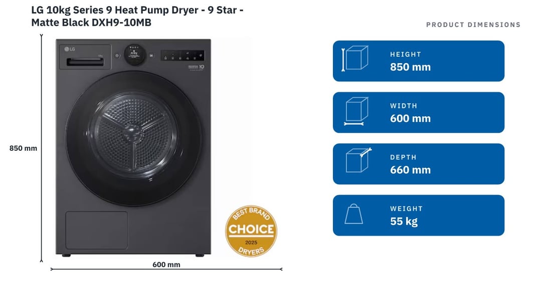 LG 10kg Series 9 Heat Pump Dryer - 9 Star - Matte Black DXH9-10MB — product dimensions