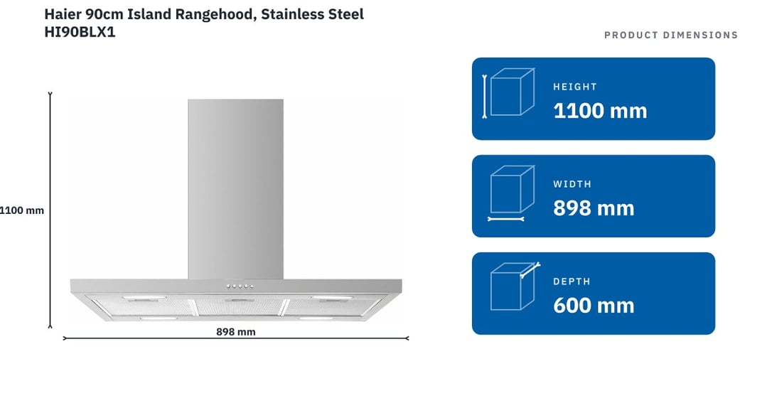 Haier 90cm Island Rangehood, Stainless Steel HI90BLX1 — product dimensions