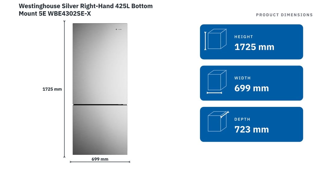 Westinghouse Silver Right-Hand 425L Bottom Mount 5E WBE4302SE-X — product dimensions