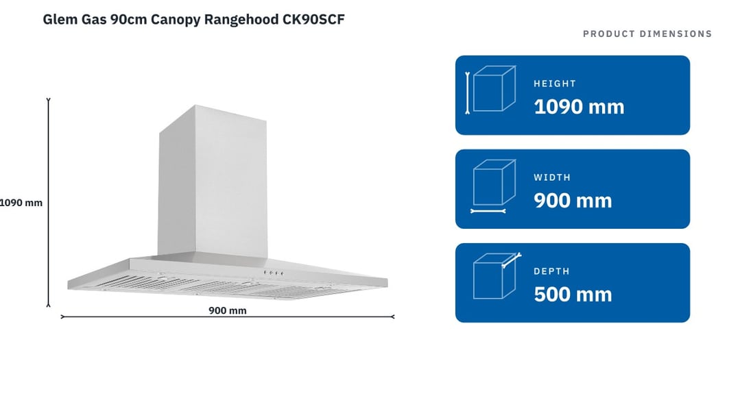 Glem Gas 90cm Canopy Rangehood CK90SCF — product dimensions