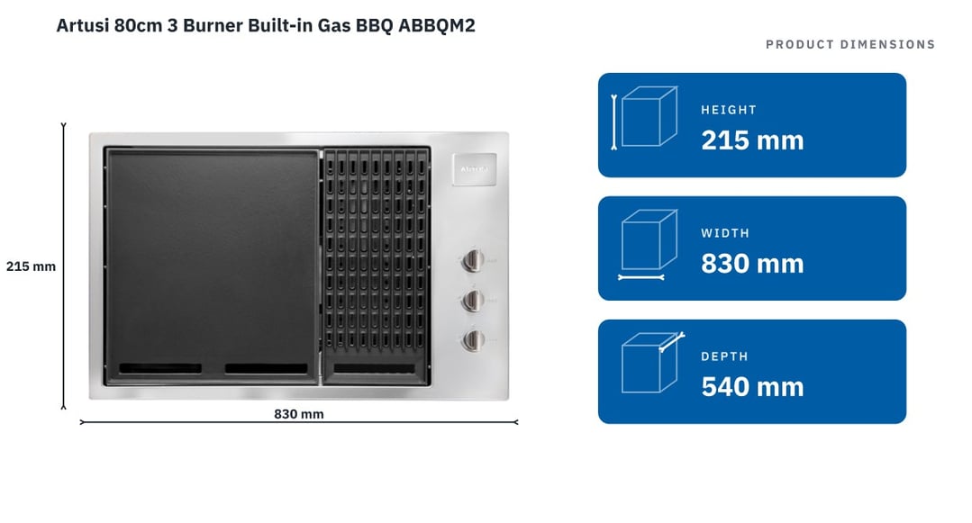 Artusi 80cm 3 Burner Built-in Gas BBQ ABBQM2 — product dimensions