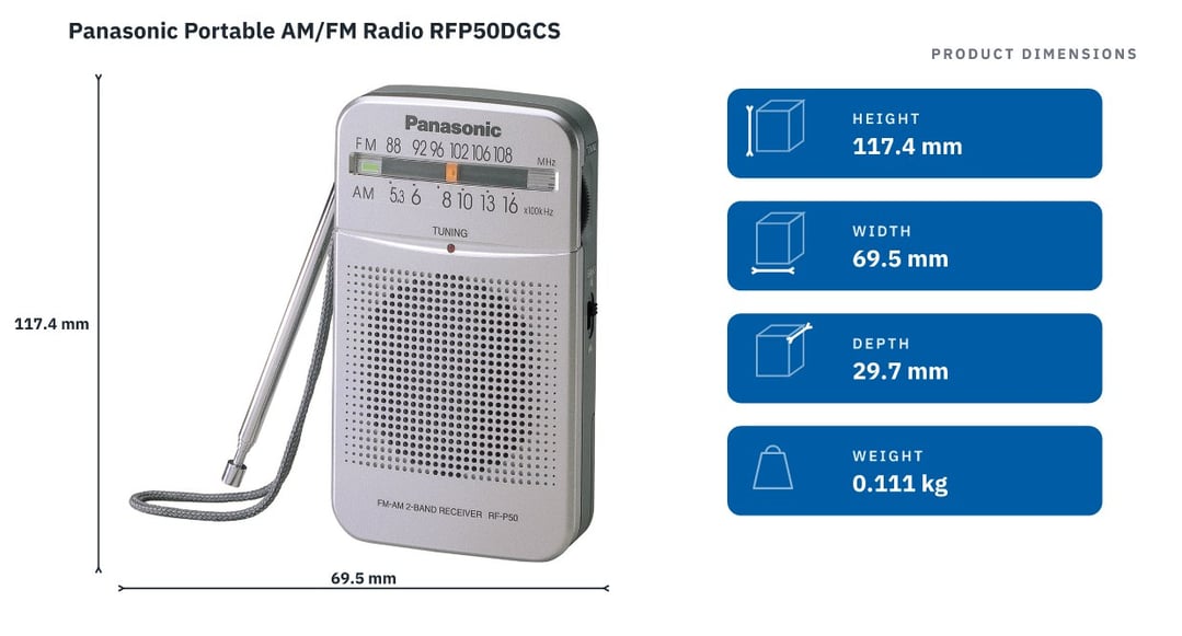 Panasonic Portable AM/FM Radio RFP50DGCS — product dimensions