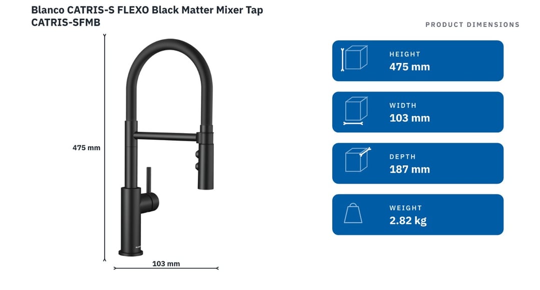 Blanco CATRIS-S FLEXO Black Matter Mixer Tap CATRIS-SFMB — product dimensions