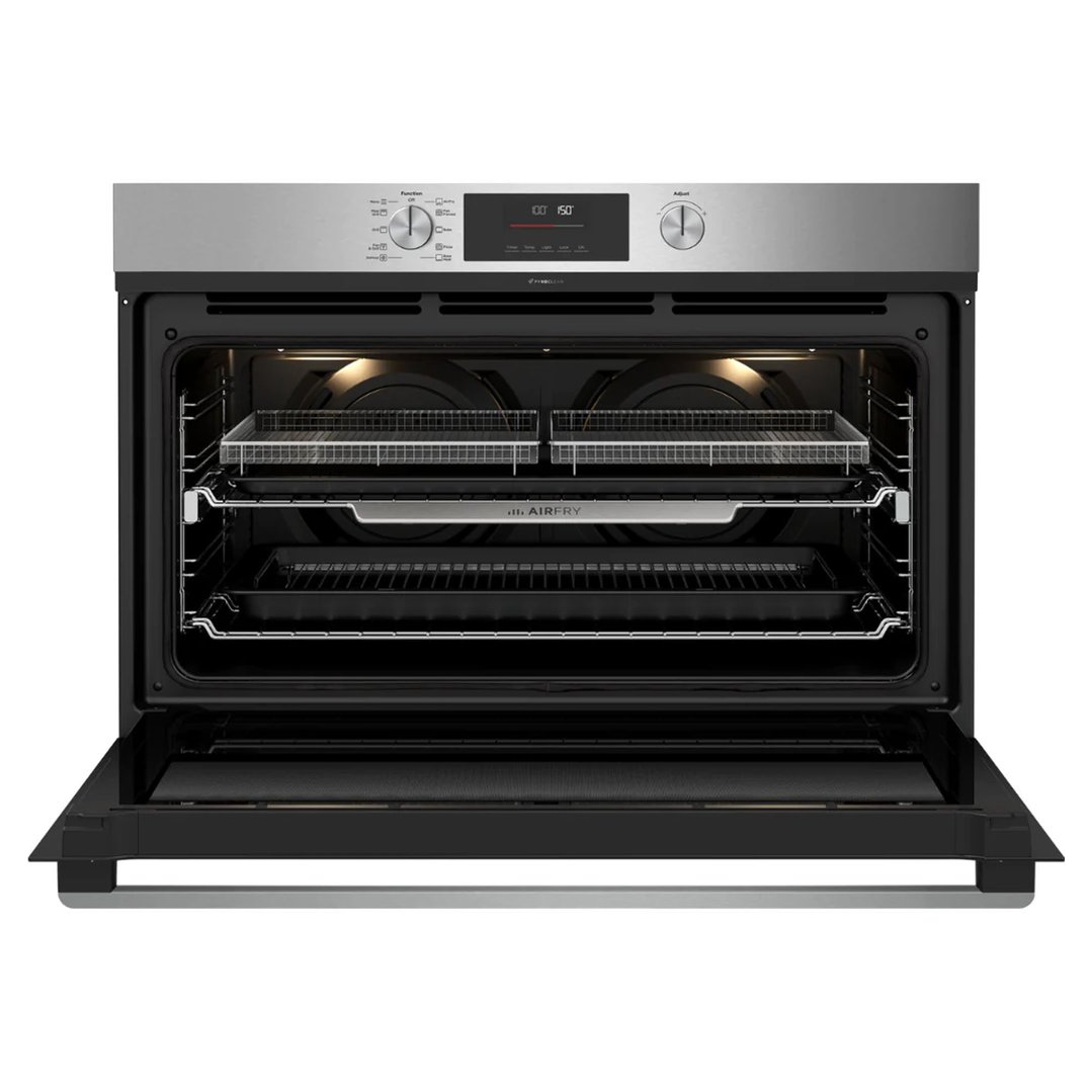 Westinghouse 90cm multi-function 10 stainless steel Pyro Clean oven with Air Fry, twin fan, and 125L WVEP9716SD
