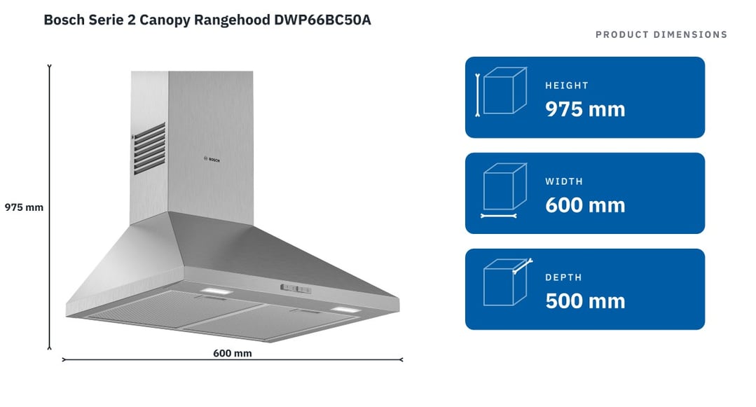 Bosch Serie 2 Canopy Rangehood DWP66BC50A — product dimensions
