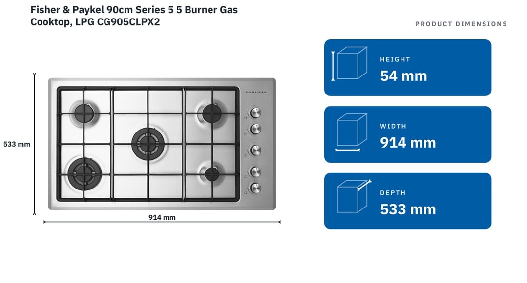 Fisher & Paykel 90cm Series 5 5 Burner Gas Cooktop, LPG CG905CLPX2 — product dimensions